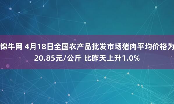 锦牛网 4月18日全国农产品批发市场猪肉平均价格为20.85元/公斤 比昨天上升1.0%